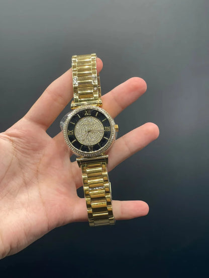 MK Golden Chain With Black Diamond Dial Quartz Watch
