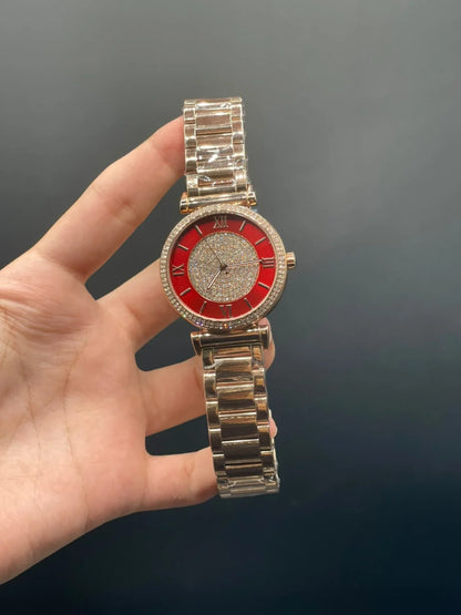MK Rose Gold Chain With Red Stone Dial