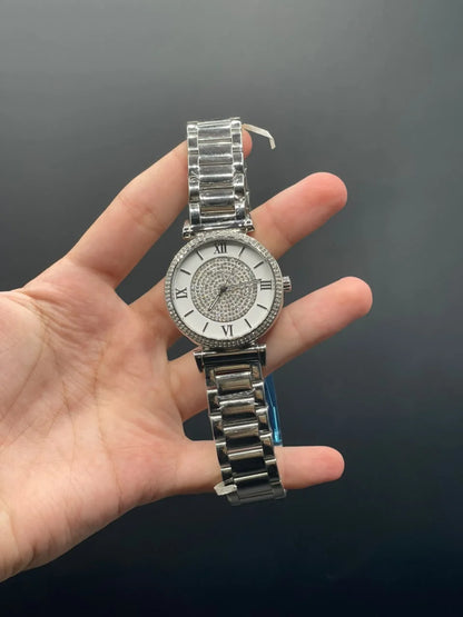MK Silver Chain With White Diamond Dial Quartz Watch