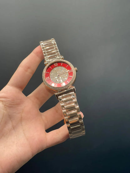 MK Rose Gold Chain With Red Stone Dial