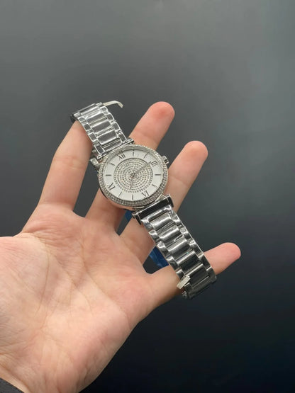 MK Silver Chain With White Diamond Dial Quartz Watch