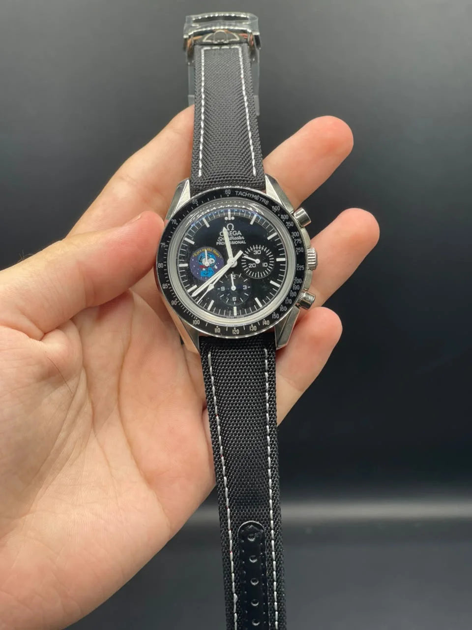 OM Black Strap With Black Chronograph Snoopy Dial Automatic Watch