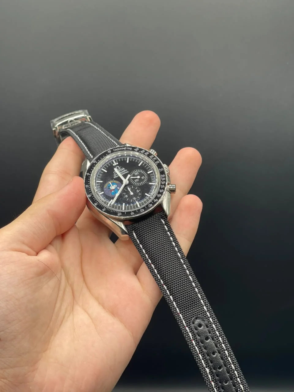 OM Black Strap With Black Chronograph Snoopy Dial Automatic Watch