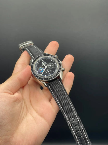 OM Black Strap With Black Chronograph Snoopy Dial Automatic Watch