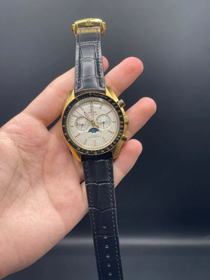 OM Black Strap With White Chronograph Dial And Golden Bezel Automatic Watch
