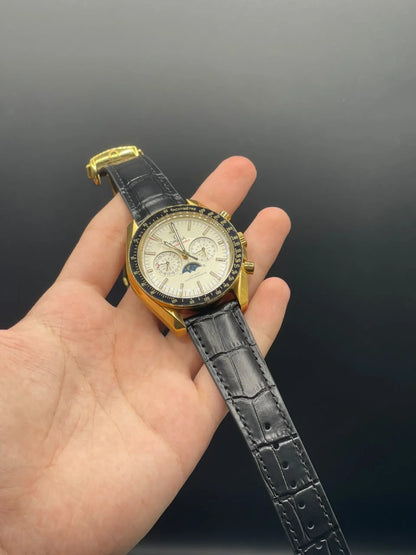OM Black Strap With White Chronograph Dial And Golden Bezel Automatic Watch