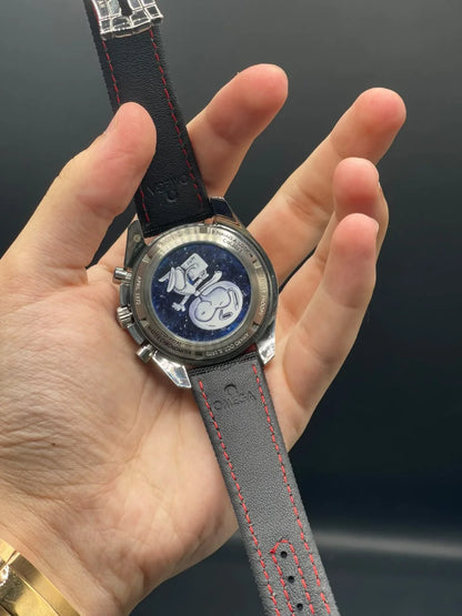 OM Black Strap With White Chronograph Snoopy Dial Automatic Watch