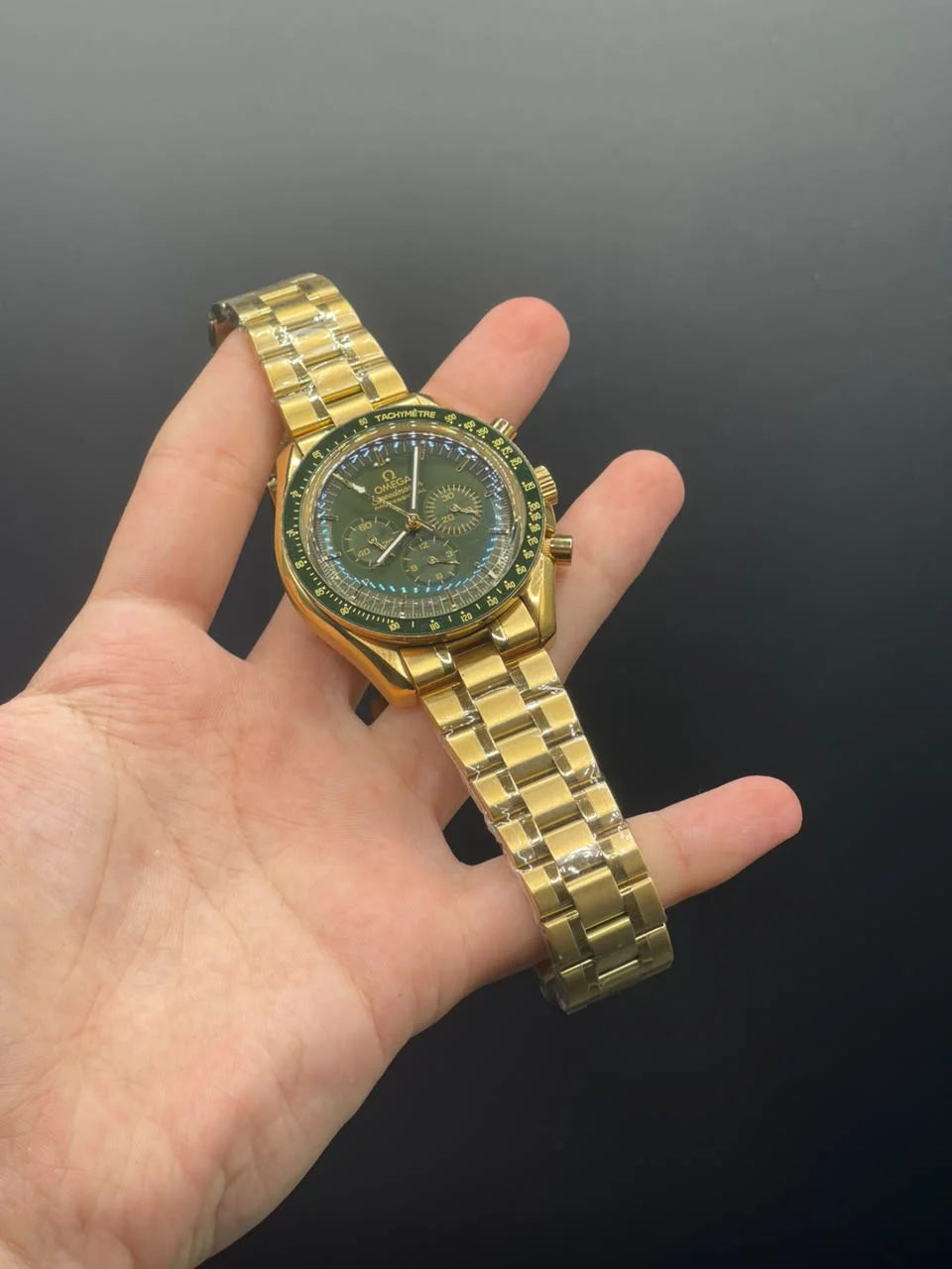 OM Golden Chain With Green Chronograph Dial Automatic Watch