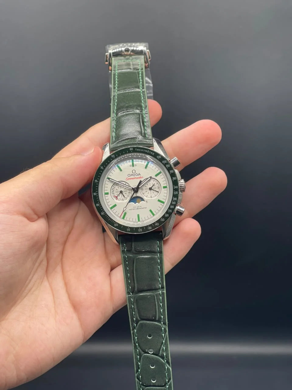 OM Green Strap With White And Green Chronograph Dial Automatic Watch