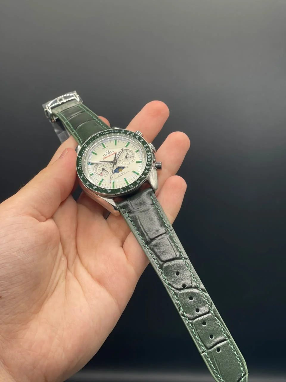OM Green Strap With White And Green Chronograph Dial Automatic Watch