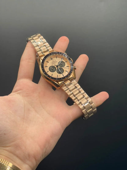 OM Rose Gold Chain With Rose Gold And Black Chronograph Dial Automatic Watch