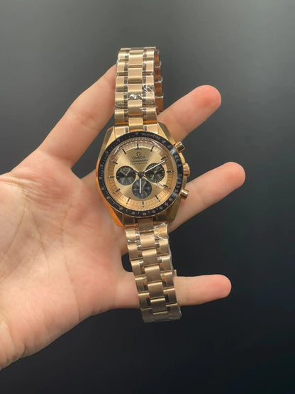 OM Rose Gold Chain With Rose Gold And Black Chronograph Dial Automatic Watch