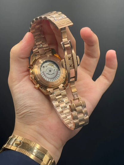 OM Rose Gold Chain With Rose Gold And Black Chronograph Dial Automatic Watch