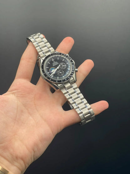 OM Silver Chain With Black Chronograph Dial Snoopy Edition Automatic Watch