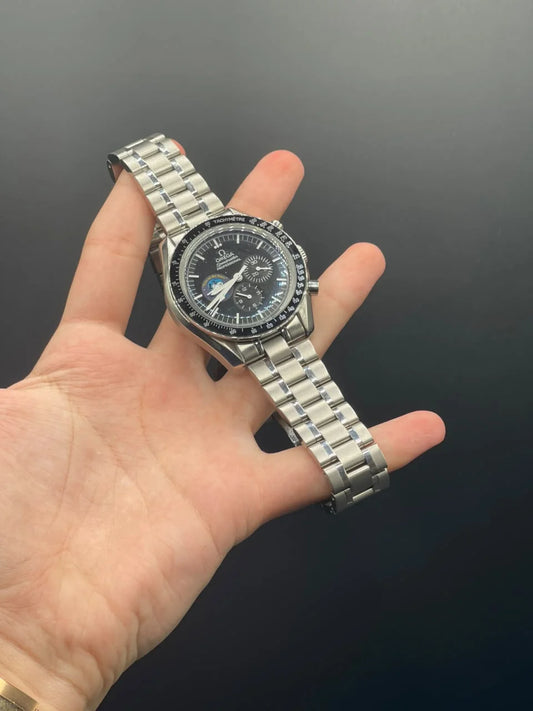 OM Silver Chain With Black Chronograph Dial Snoopy Edition Automatic Watch