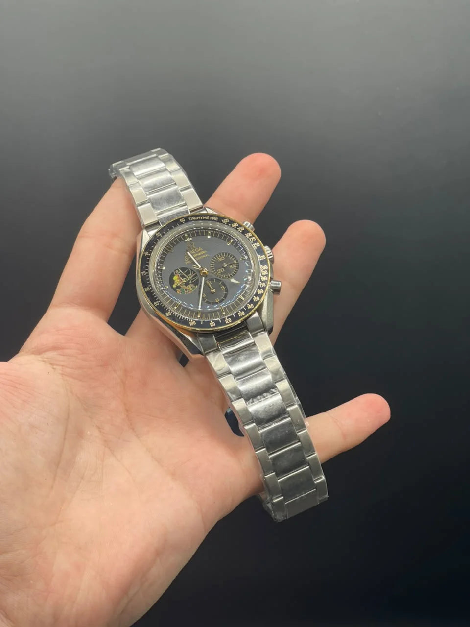 OM Silver Chain With Gray And Gold Chronograph Dial Automatic Watch