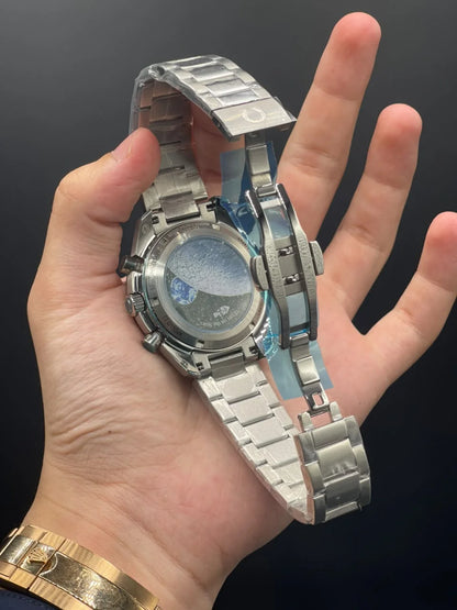 OM Silver Chain With White And Blue Chronograph Dial Automatic Watch