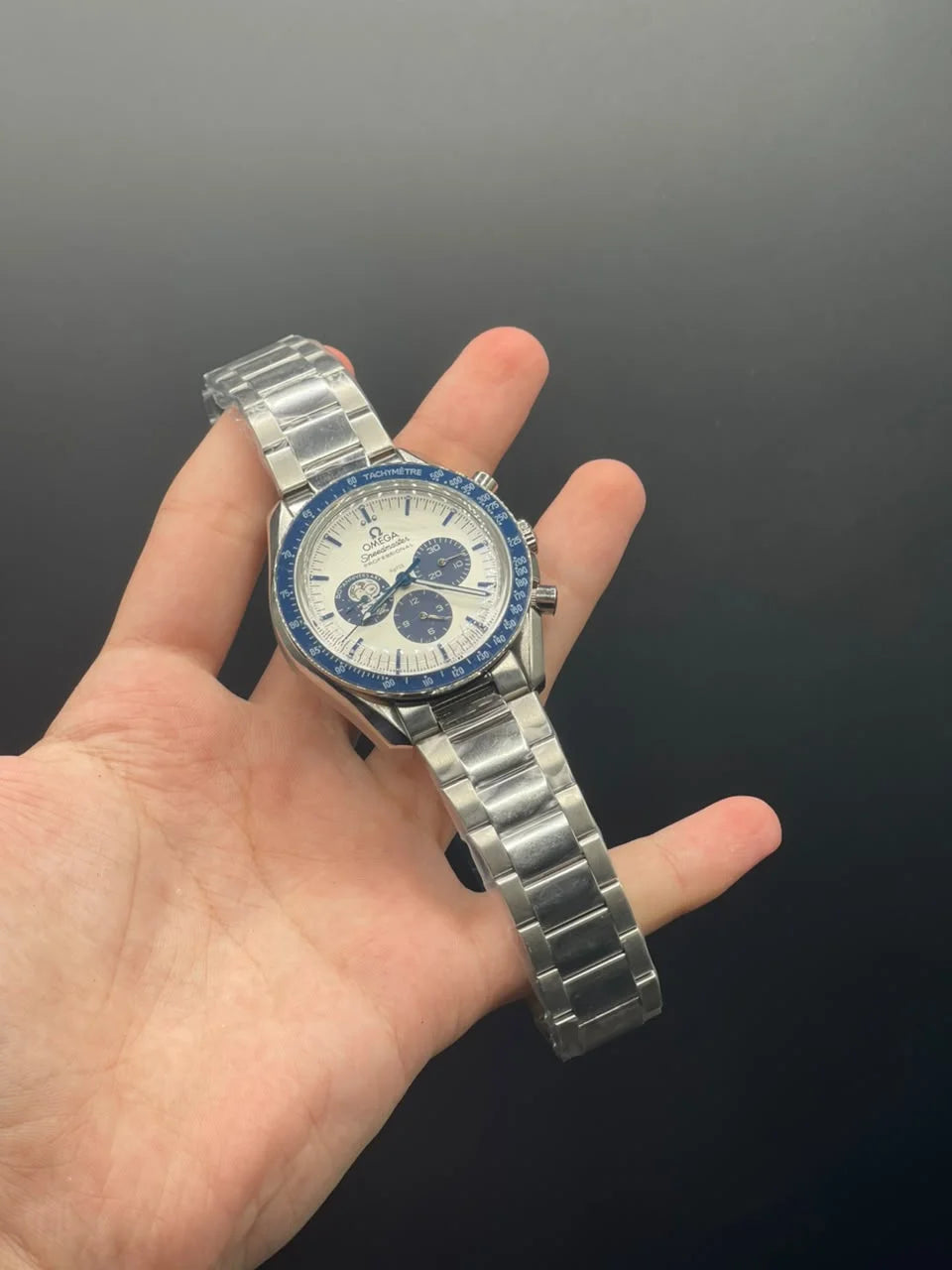 OM Silver Chain With White And Blue Chronograph Dial Automatic Watch