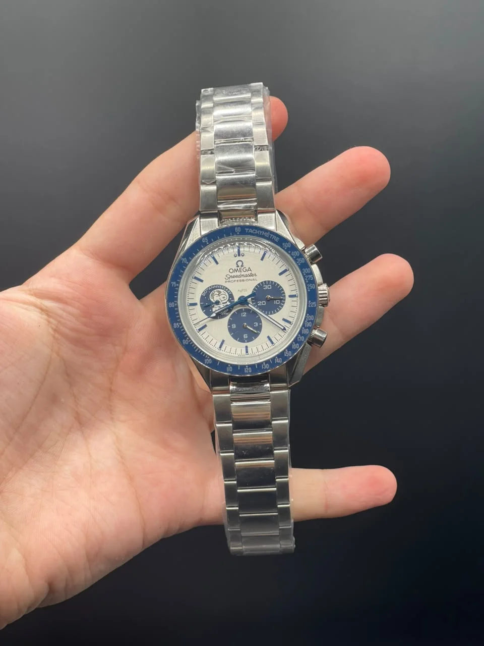 OM Silver Chain With White And Blue Chronograph Dial Automatic Watch