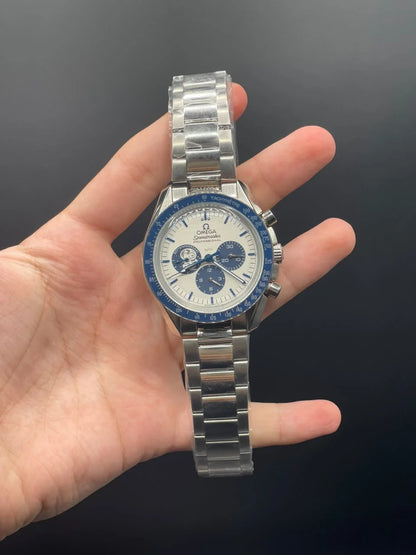 OM Silver Chain With White And Blue Chronograph Dial Automatic Watch