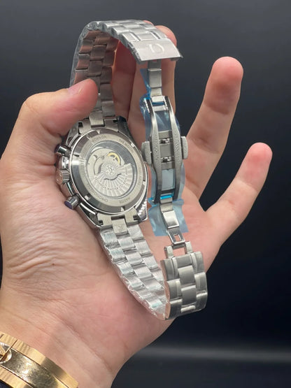OM Silver Chain With White And Green Chronograph Dial Automatic Watch