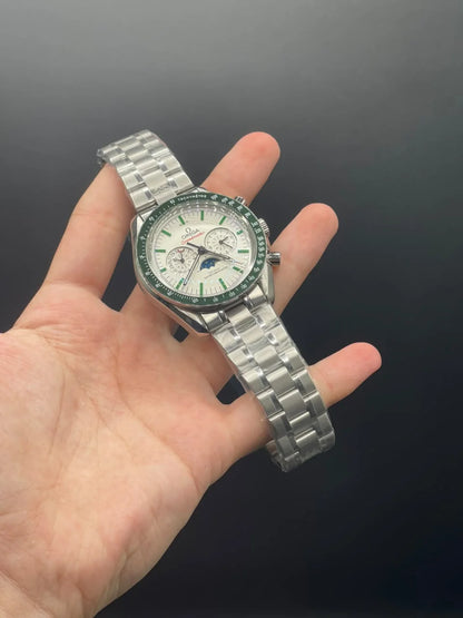 OM Silver Chain With White And Green Chronograph Dial Automatic Watch