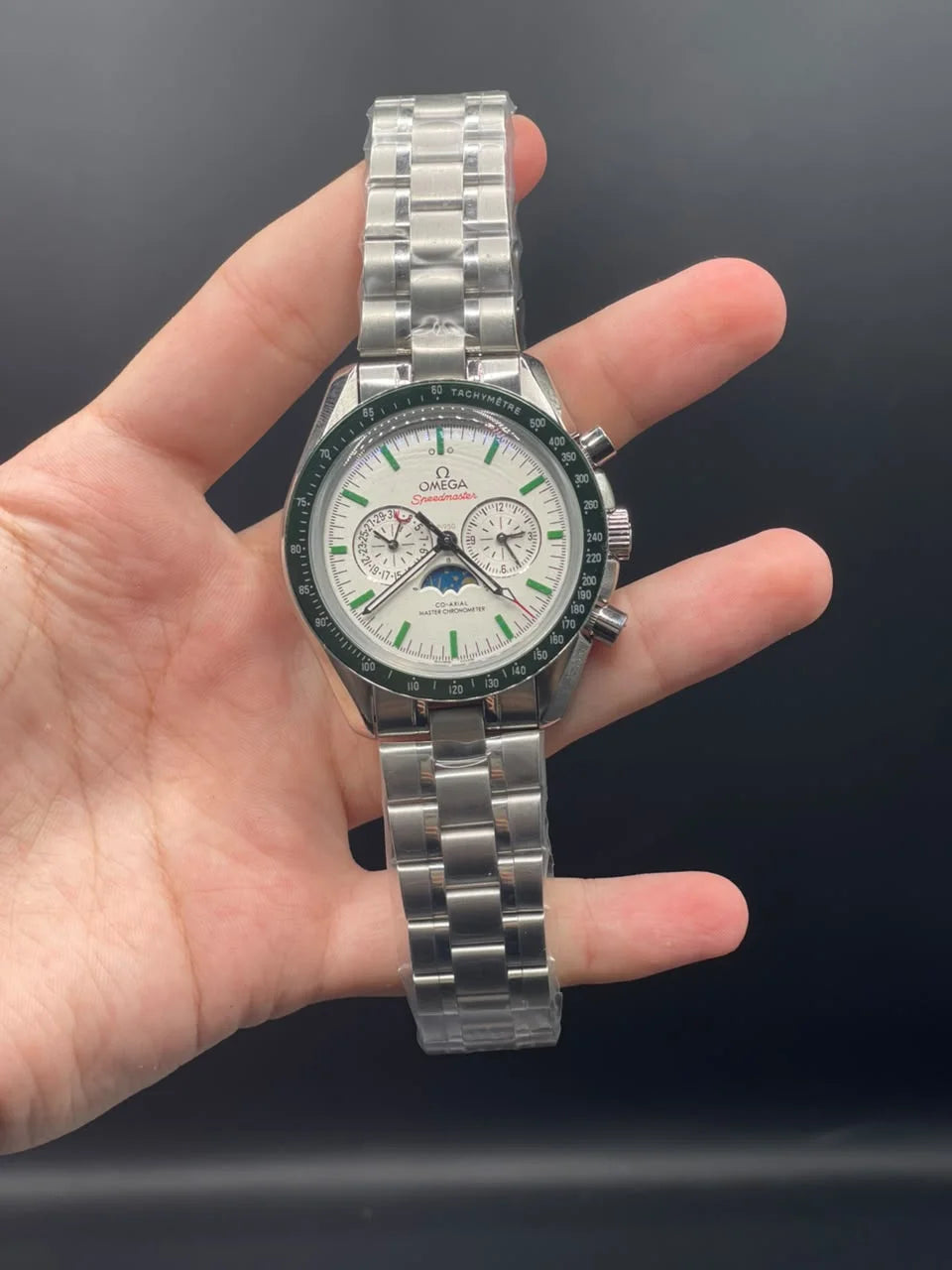 OM Silver Chain With White And Green Chronograph Dial Automatic Watch