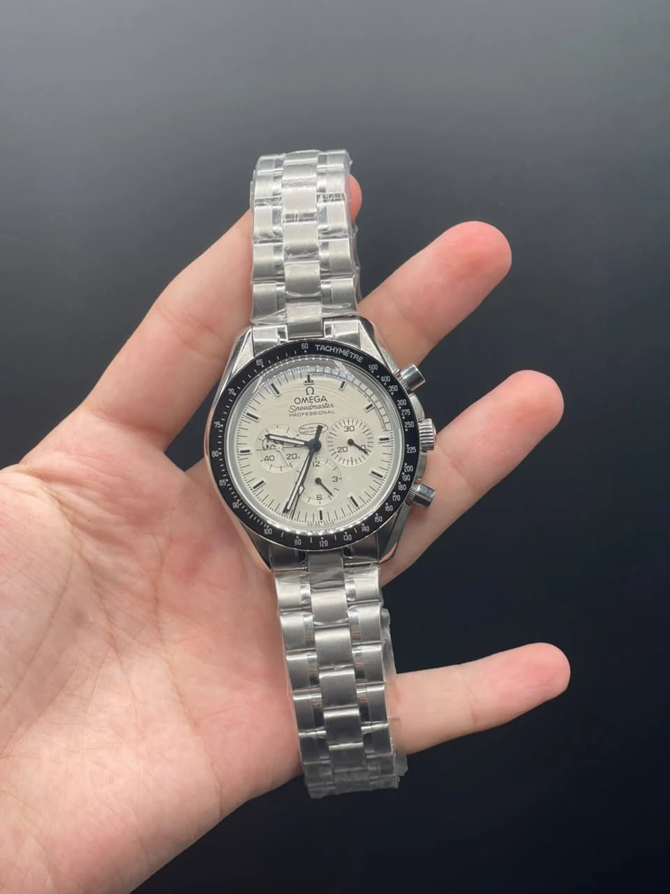 OM Silver Chain With White Chronograph Dial Automatic Watch