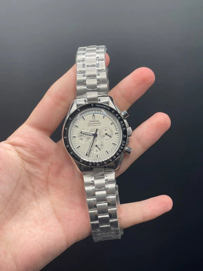 OM Silver Chain With White Chronograph Dial Automatic Watch