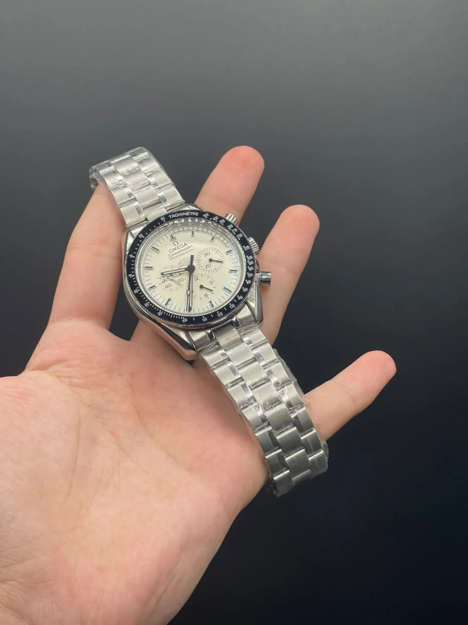 OM Silver Chain With White Chronograph Dial Automatic Watch
