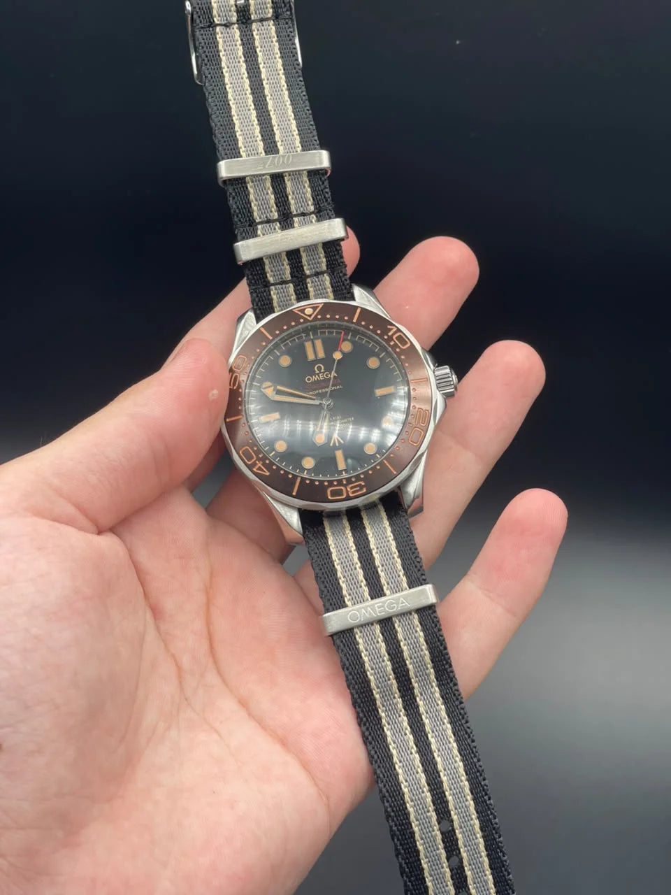 OM Gray And Black Strap With Black Dial And Brown Rotatable Bezel Automatic Watch