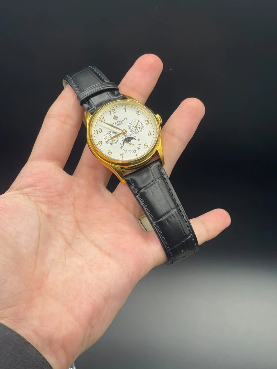 PP Black Strap With Cream Chronograph Moonphase 36mm Dial Automatic Watch