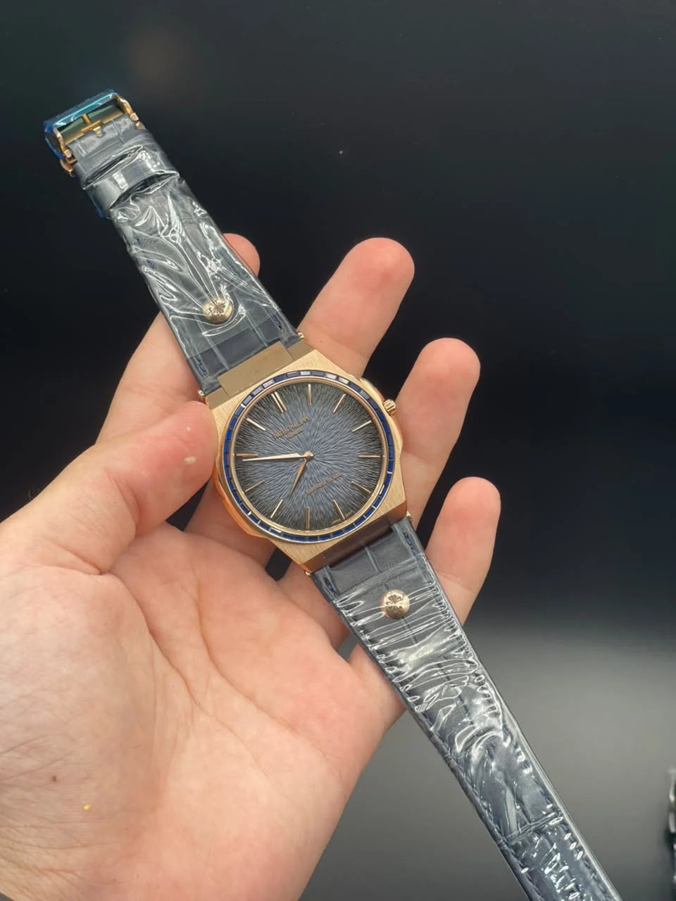 PP Blue Strap With Blue Slim Dial And Diamond Bezel Quartz Watch