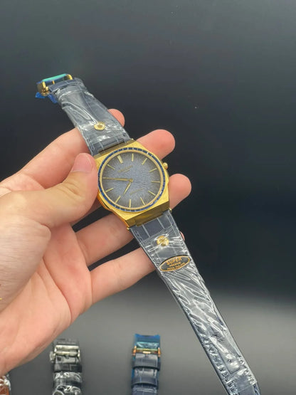 PP Blue Strap With Blue Slim Dial And Golden Diamond Bezel Quartz Watch