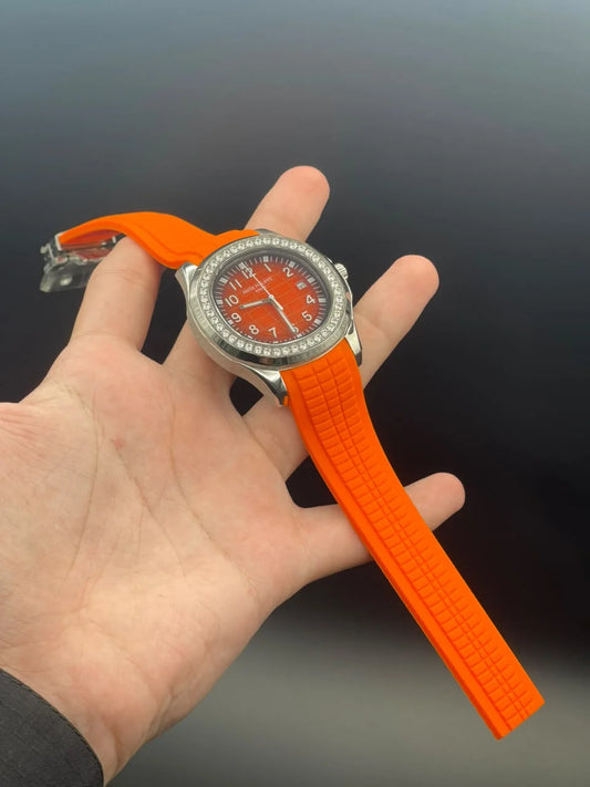 PP Orange Rubber Strap With Orange Dial And Diamond Bezel Automatic Watch
