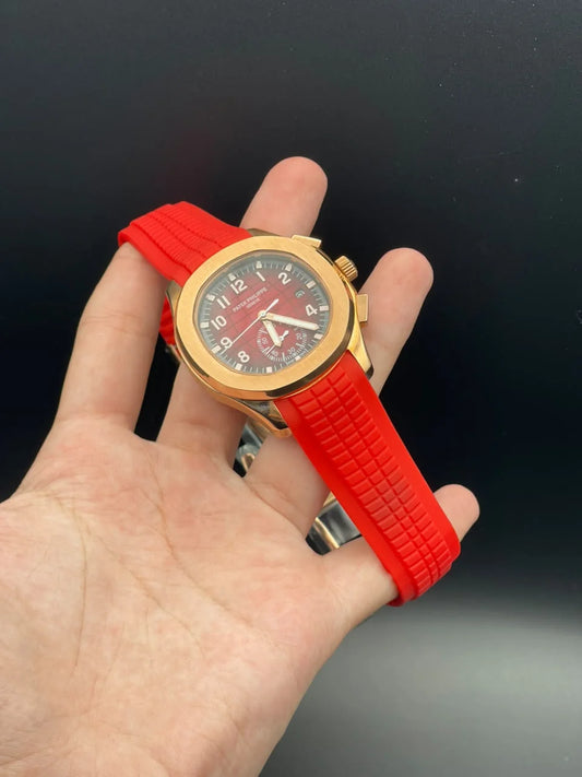 PP Red Rubber Strap With Red Dial And Golden Bezel Automatic Watch