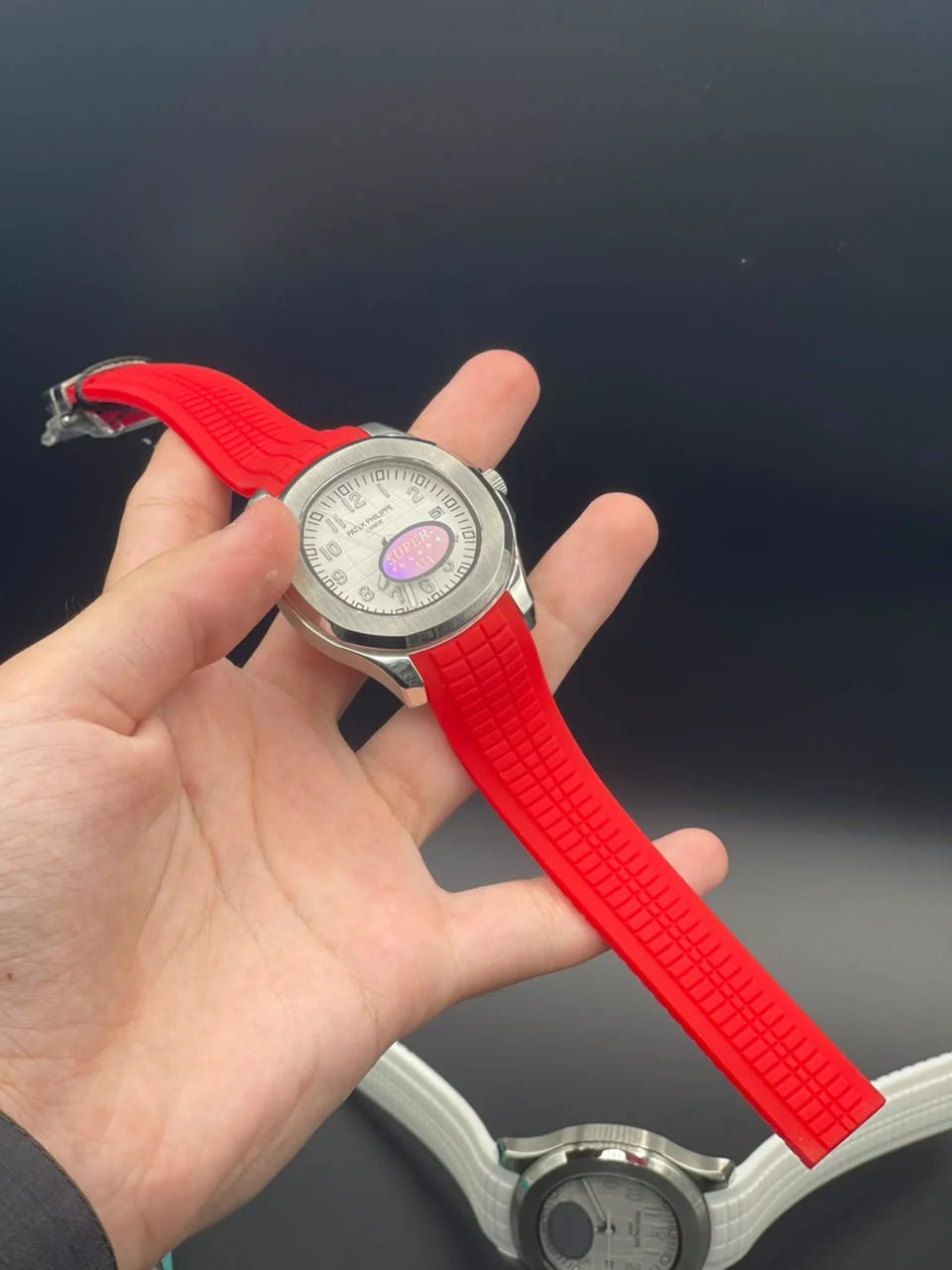 PP Red Rubber Strap With White Dial Automatic Watch