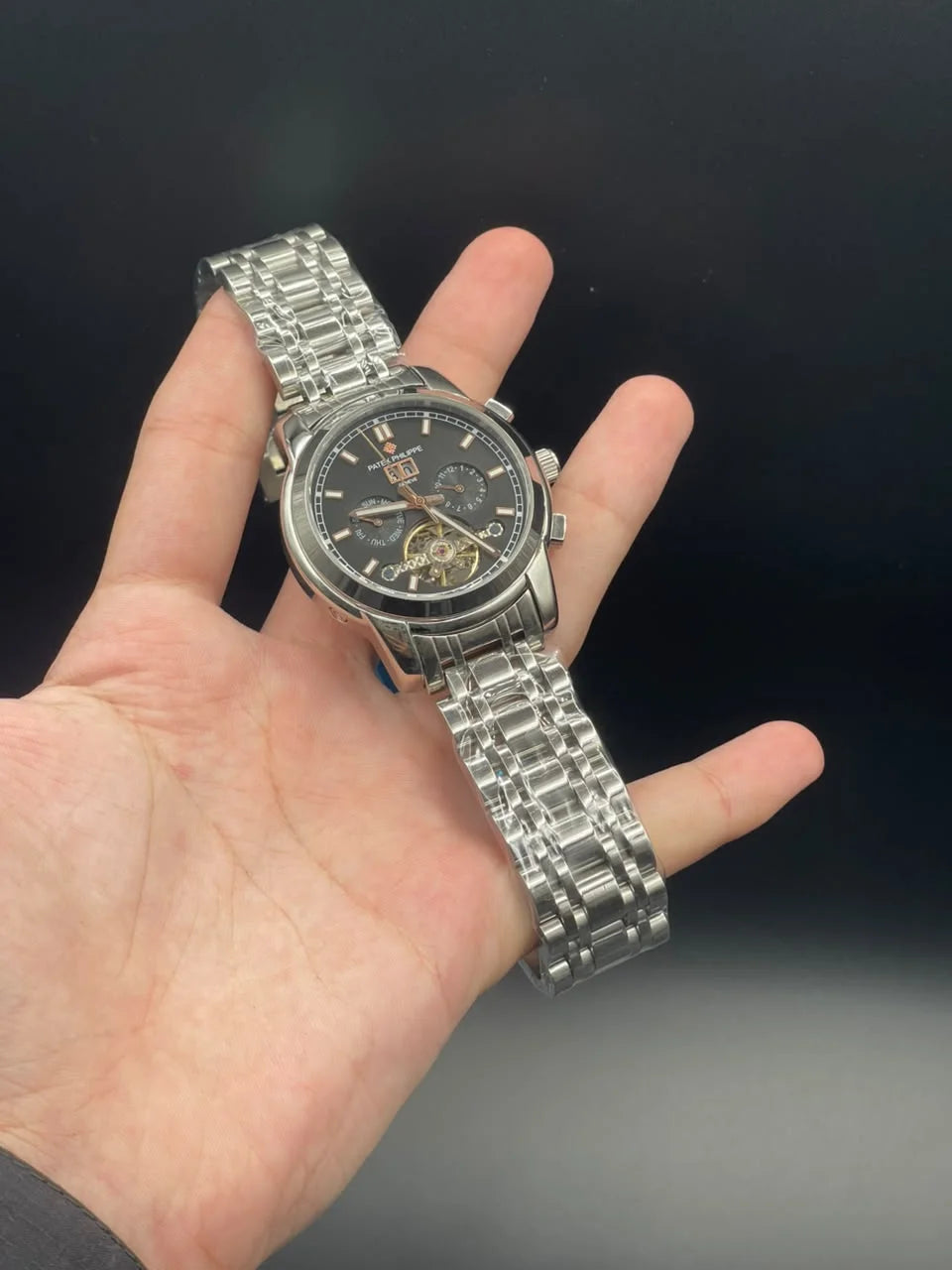 PP Silver Chain With Black Chronograph Open Heart Dial Automatic Watch