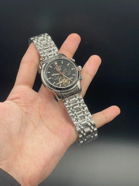 PP Silver Chain With Black Chronograph Open Heart Dial Automatic Watch
