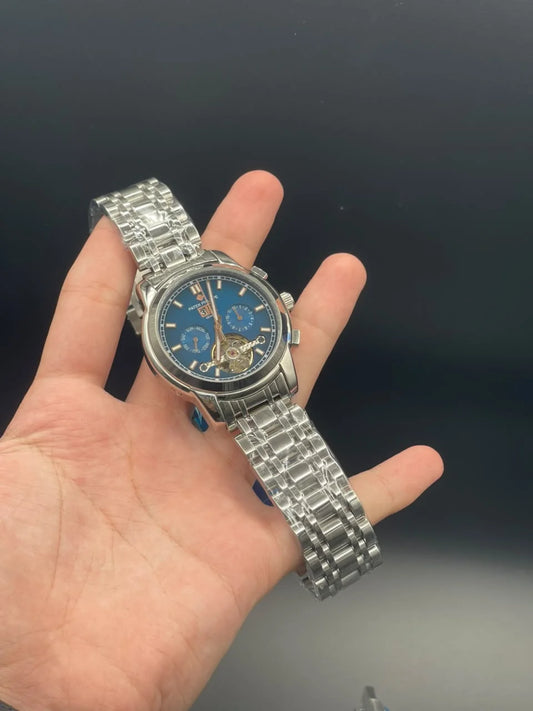 PP Silver Chain With Blue Chronograph Open Heart Dial Automatic Watch