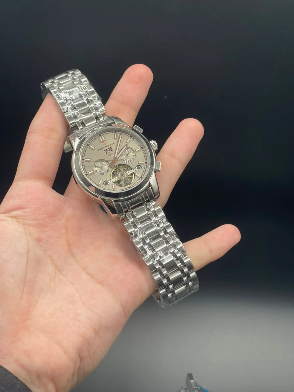 PP Silver Chain With Gray Chronograph Open Heart Dial Automatic Watch