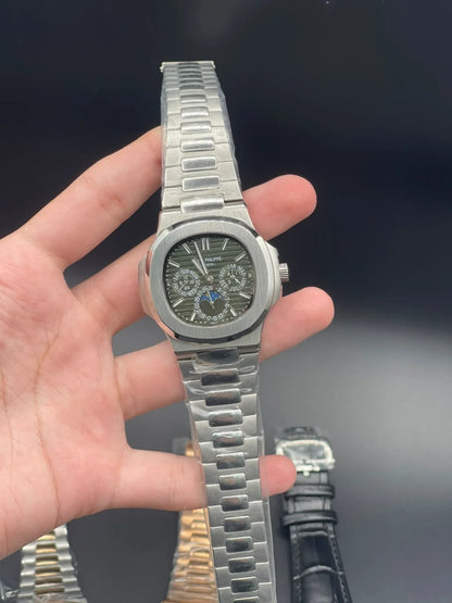 PP Silver Chain With Green Chronograph And Moonphase Dial Automatic Watch