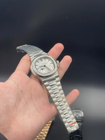 PP Silver Chain With White Power Reserve Dial Mechanical Watch