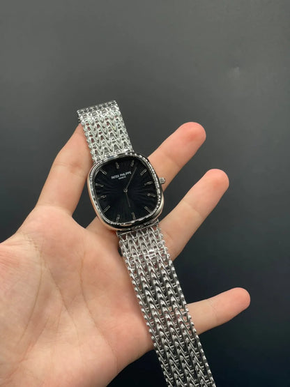 PP Silver Mesh Chain With Black Dial Quartz Watch