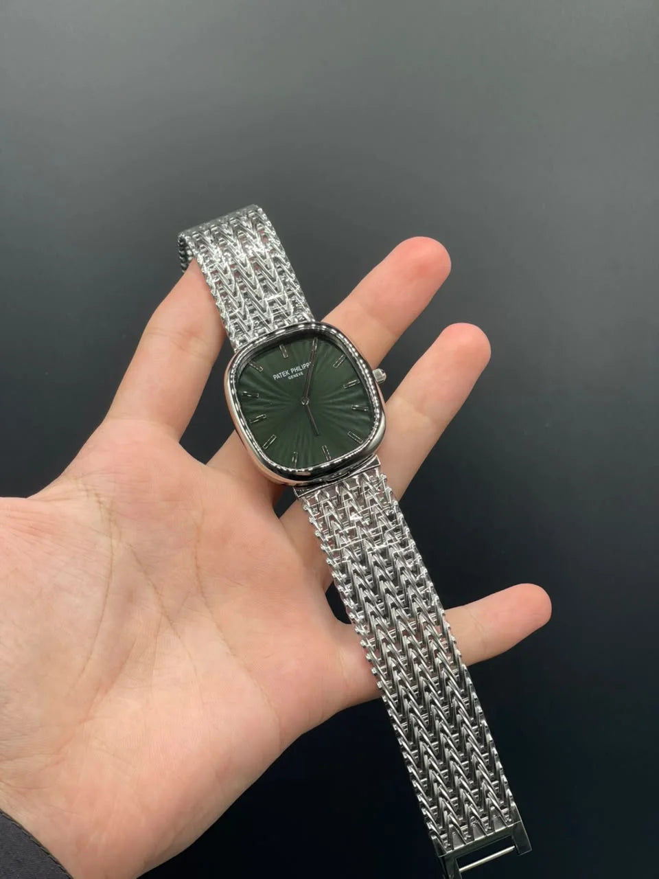 PP Silver Mesh Chain With Olive Green Dial Quartz Watch