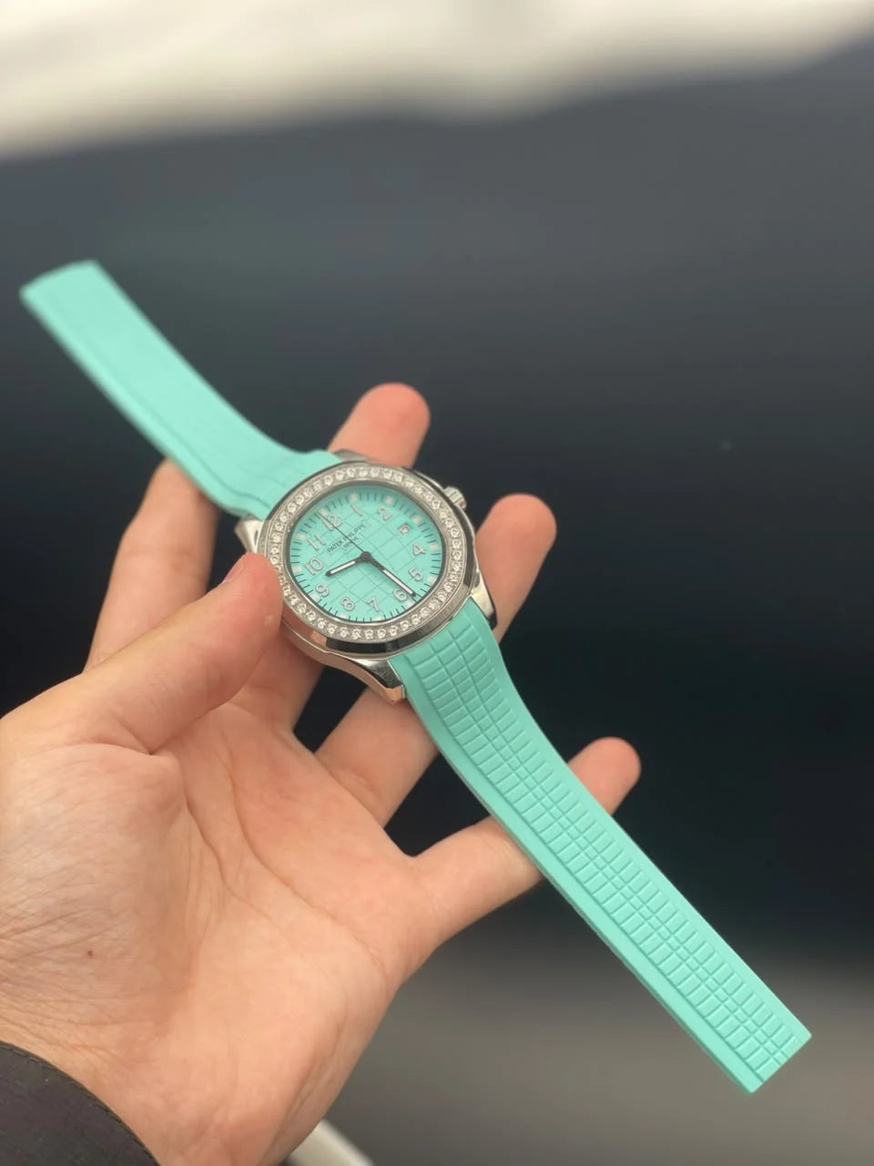 PP Tiffany Rubber Strap With Tiffany Blue Dial And Diamond Bezel Automatic Watch