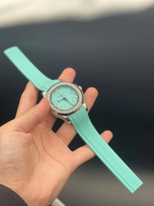 PP Tiffany Rubber Strap With Tiffany Blue Dial And Diamond Bezel Automatic Watch