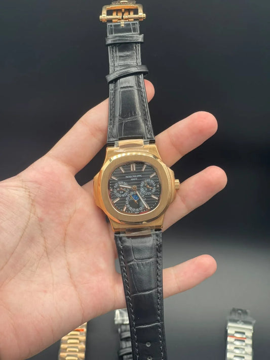 PP Black Strap With Black Chronograph And Moonphase Dial Automatic Watch
