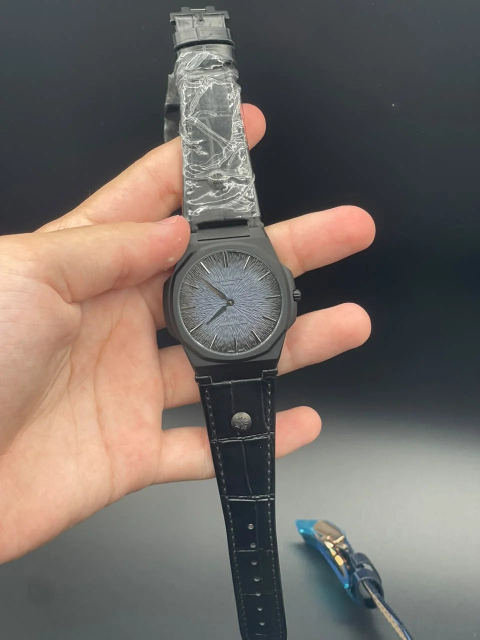 PP Black Strap With Blue Slim Dial And Black Bezel Quartz Watch