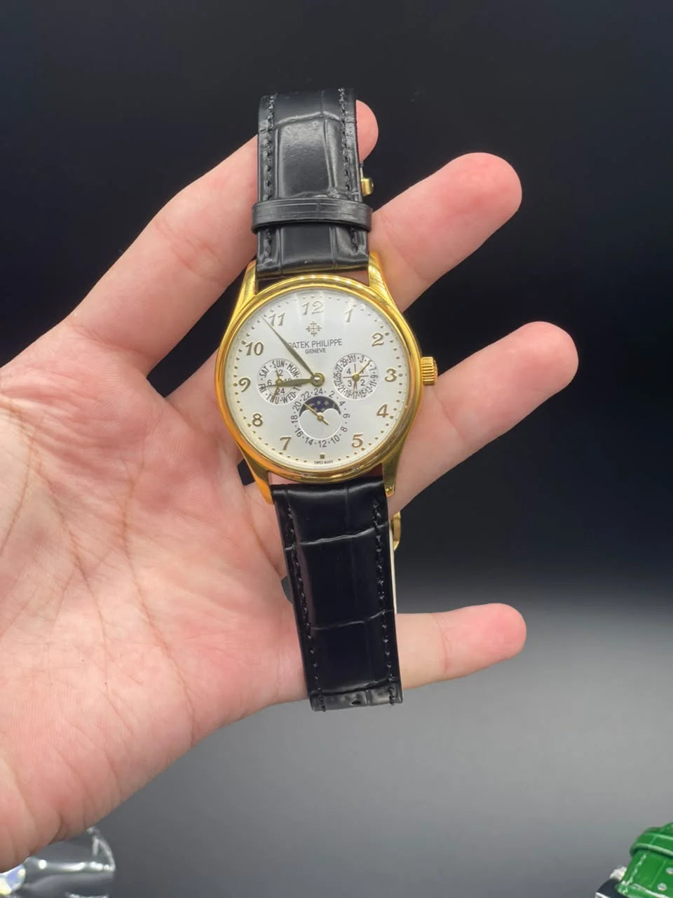 PP Black Strap With Cream Chronograph Moonphase 36mm Dial Automatic Watch